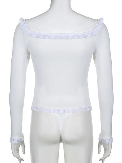 White Square Neck Lace Long Sleeve Crop Top