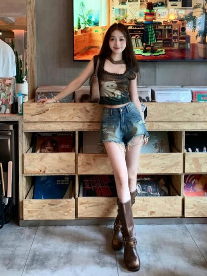 Vintage Brown Cat Print Crop Top