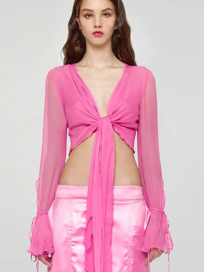 Pink Chiffon Bow Tie Flare Long Sleeve Blouse