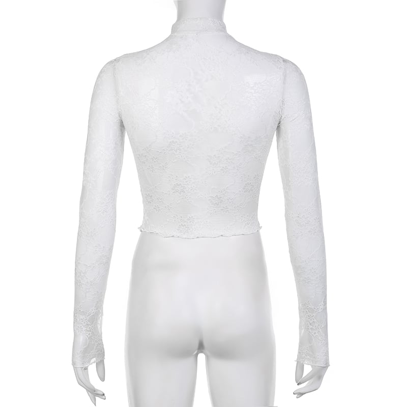 White Transparent Lace Turtleneck Crop Top