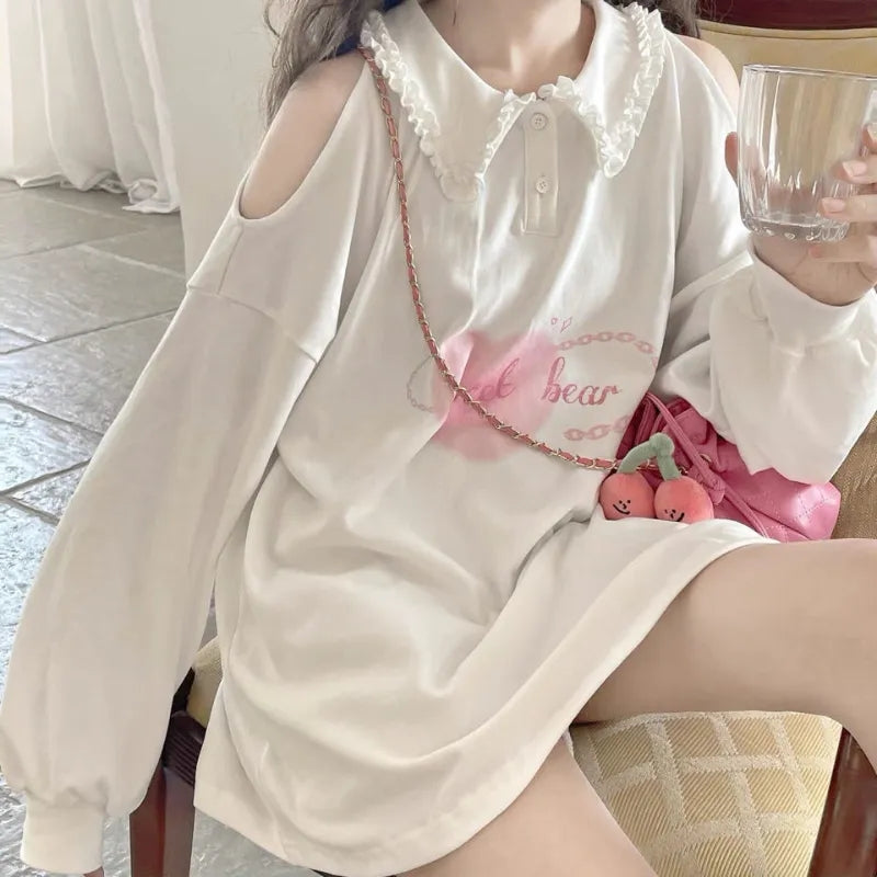 Ruffle Collar Oversized Long Sleeve Shirt