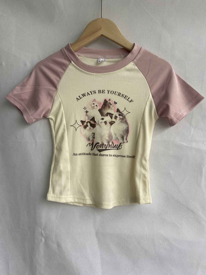 Cat Cartoon Patchwork Print Short Sleeve T-shirt