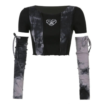 Black & Grey Patchwork Crop Top with Sleeve