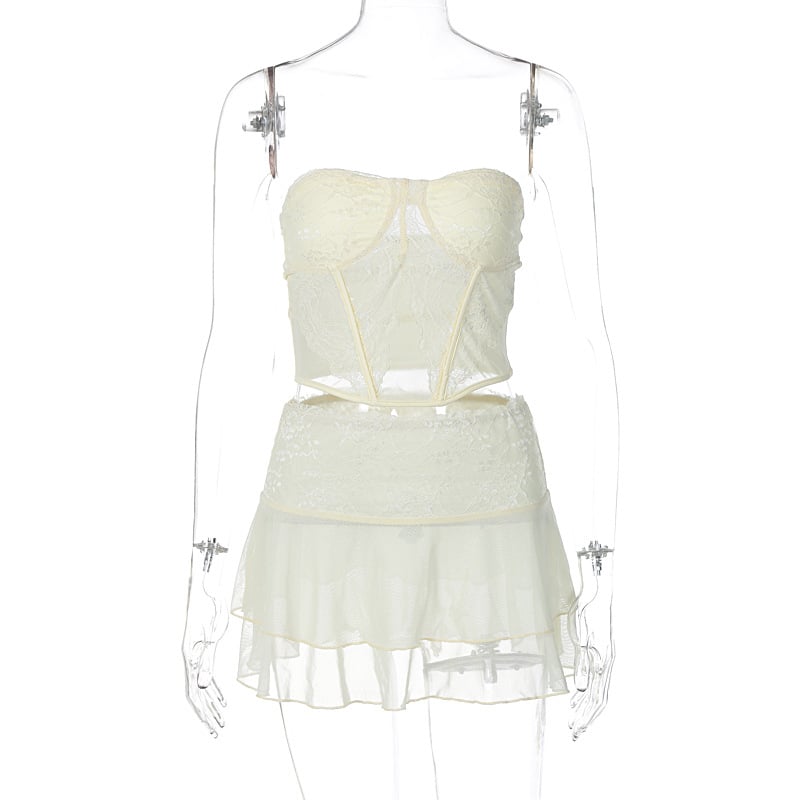 2PCS Cream Lace Corset Top + Mini Skirt