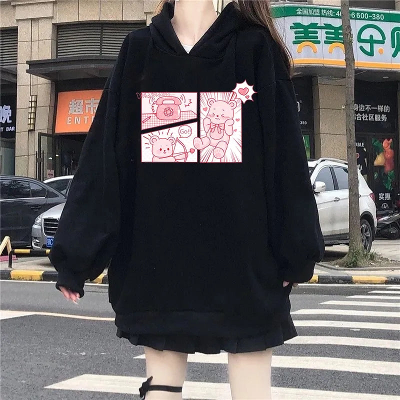 Pink Bear Cartoon Print Hoodie