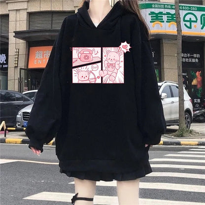 Pink Bear Cartoon Print Hoodie