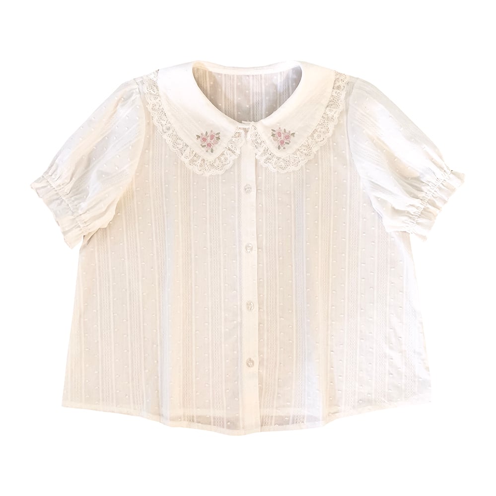 White Floral Embroidery Peterpan Collar Blouse