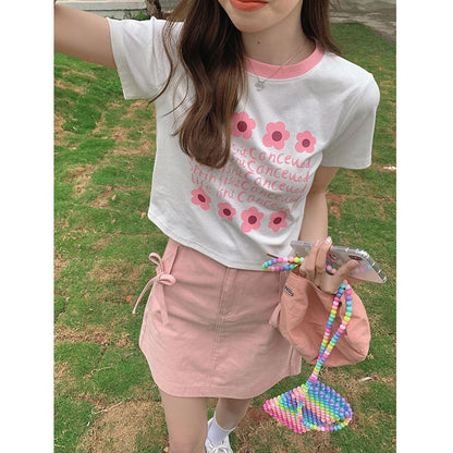 Pink Bow Denim Mini Skirt