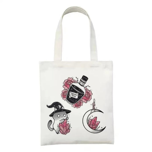 Cute Cat Witch Magic Print Reusable Shopping Tote Bag Canvas Tote Shoulder Bag Aesthetic Casual E-Girl Kawaii Korean Japanese Harajuku