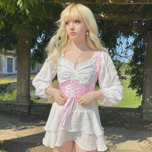 Cute 2pcs Sweet Pink Corset Vintage Bustier Mini Dress Set Square Collar Puss Sleeve Aesthetic E-Girl Kawaii Korean Japanese Harajuku