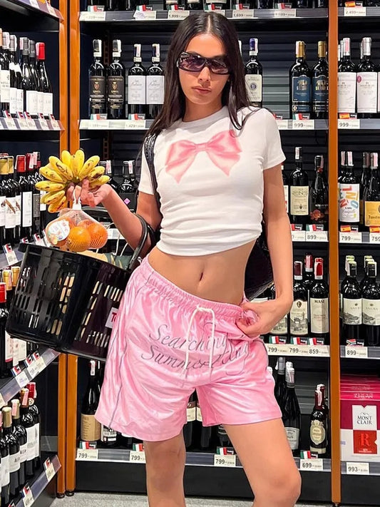 Pink Bow Print Short Sleeve T-shirt