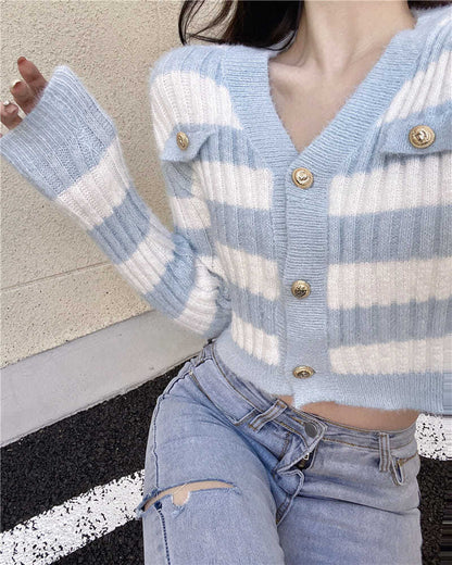 Blue & White Stripe Gold Button Sweater
