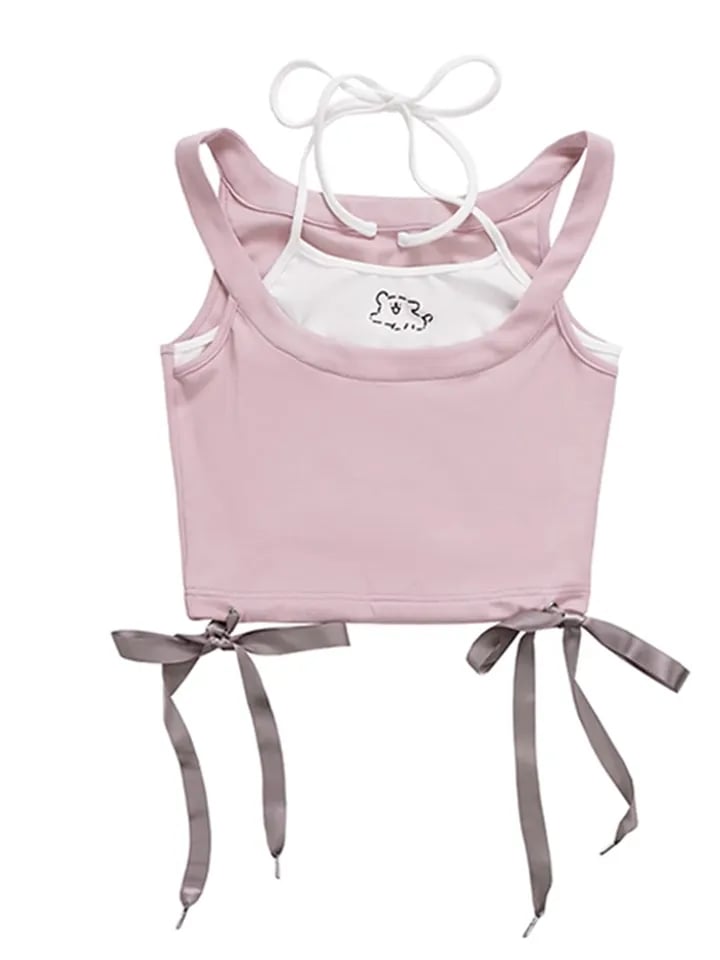 2PCS Dog Print Bow Tie Halter Top