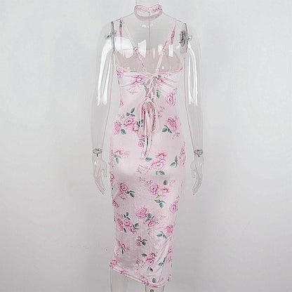Flower Print Lace Up Split Mini Dress