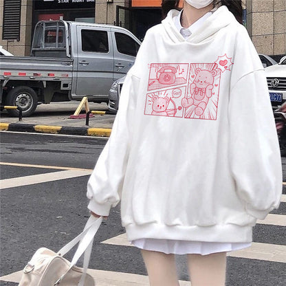 Pink Bear Cartoon Print Hoodie