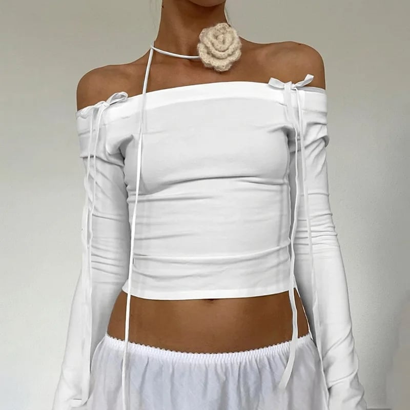 White Bow Off Shoulder Long Sleeve Top