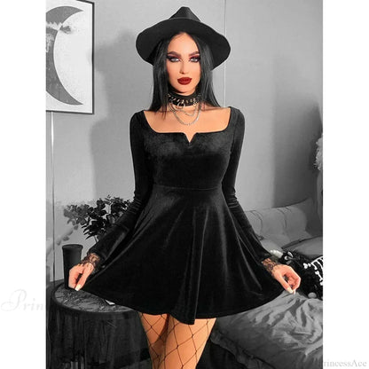 Square Neck Lace Cuff Long Bell Sleeve Velvet Fit and Flare Mini Dress