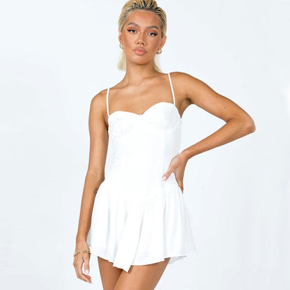 Sweetheart Neck Spaghetti Strap Ruched Bust Drop Waist Pleated Mini Dress