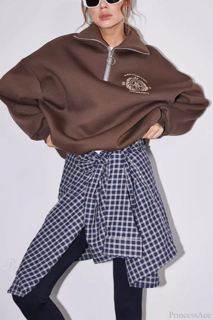 Fleece-Lined Letter Embroidery Stand Collar Half-Zip Sweatshirts