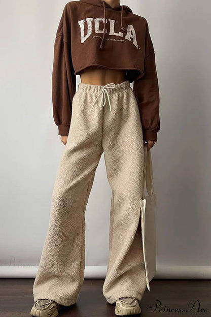 Fleece Wide Leg Relaxed Straight Pants