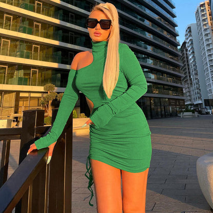 High Neck Long Sleeve Thumbhole Asymmetric Cut Out Drawstring Ruched Mini Dress