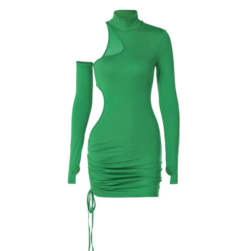 High Neck Long Sleeve Thumbhole Asymmetric Cut Out Drawstring Ruched Mini Dress