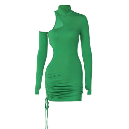 High Neck Long Sleeve Thumbhole Asymmetric Cut Out Drawstring Ruched Mini Dress