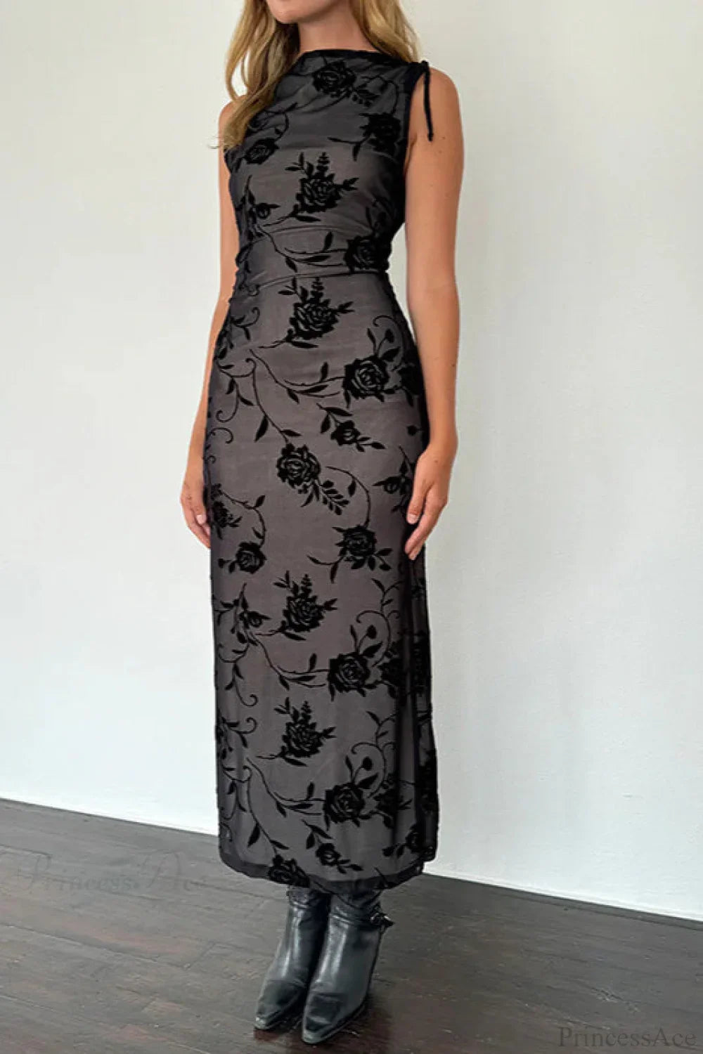 Flocked Mesh Sleeveless Bodycon Maxi Dress