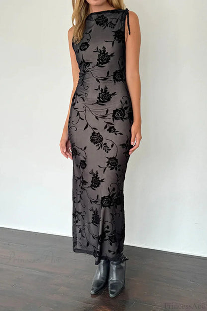 Flocked Mesh Sleeveless Bodycon Maxi Dress