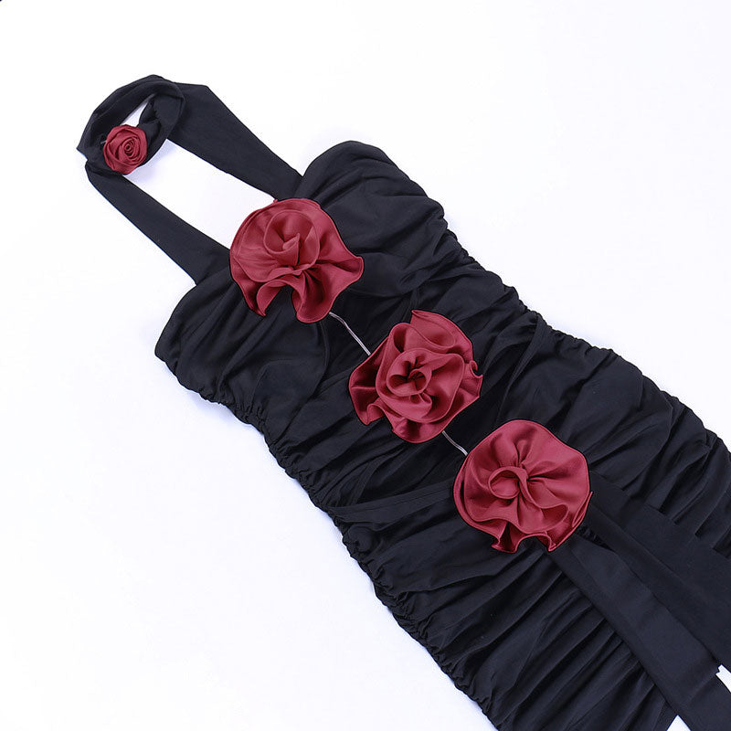 Strapless Horizontal Cutout Rosette Applique Choker Neck Ruched Bodycon Mini Dress