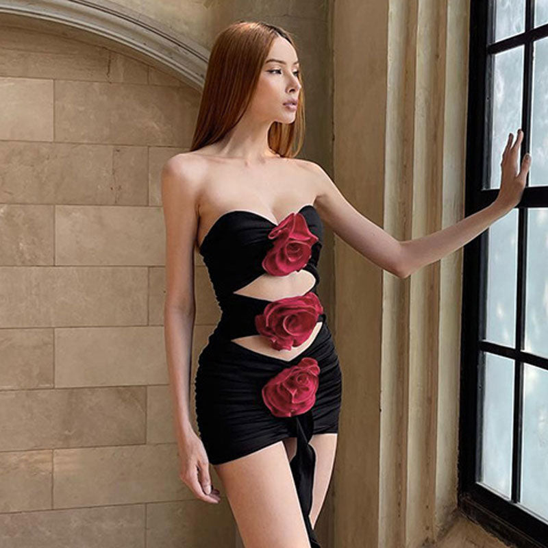 Strapless Cutout Rosette Applique Choker Neck Ruched Bodycon Mini Dress with Sash Tie