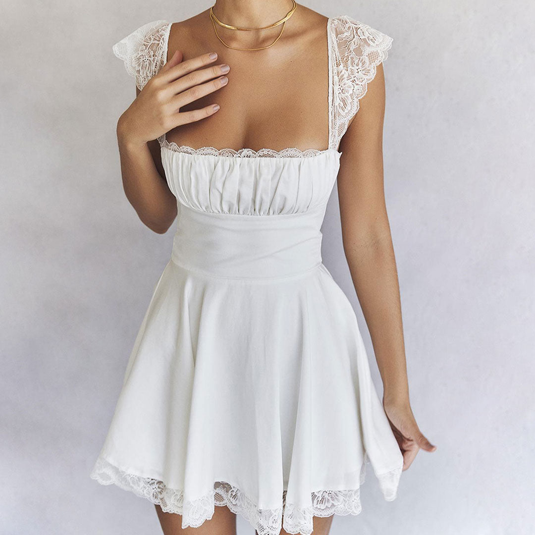 Square Neck Cap Sleeve Lace Ruffle Trim Tie Back Mini Dress