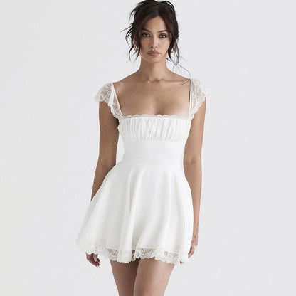 Square Neck Cap Sleeve Lace Ruffle Trim Tie Back Mini Dress