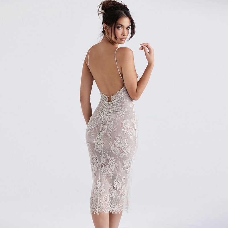 Floral Lace Ruched Bust Spaghetti Strap Open Back Bodycon Midi Dress
