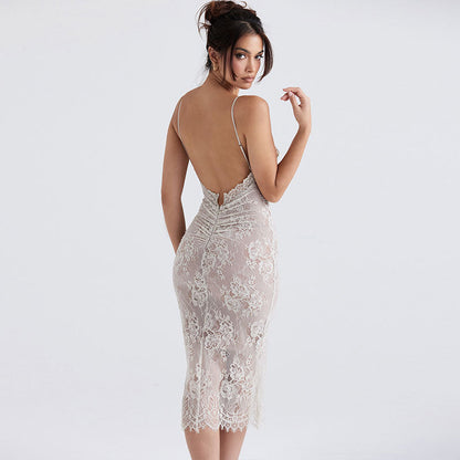 Floral Lace Ruched Bust Spaghetti Strap Open Back Bodycon Midi Dress