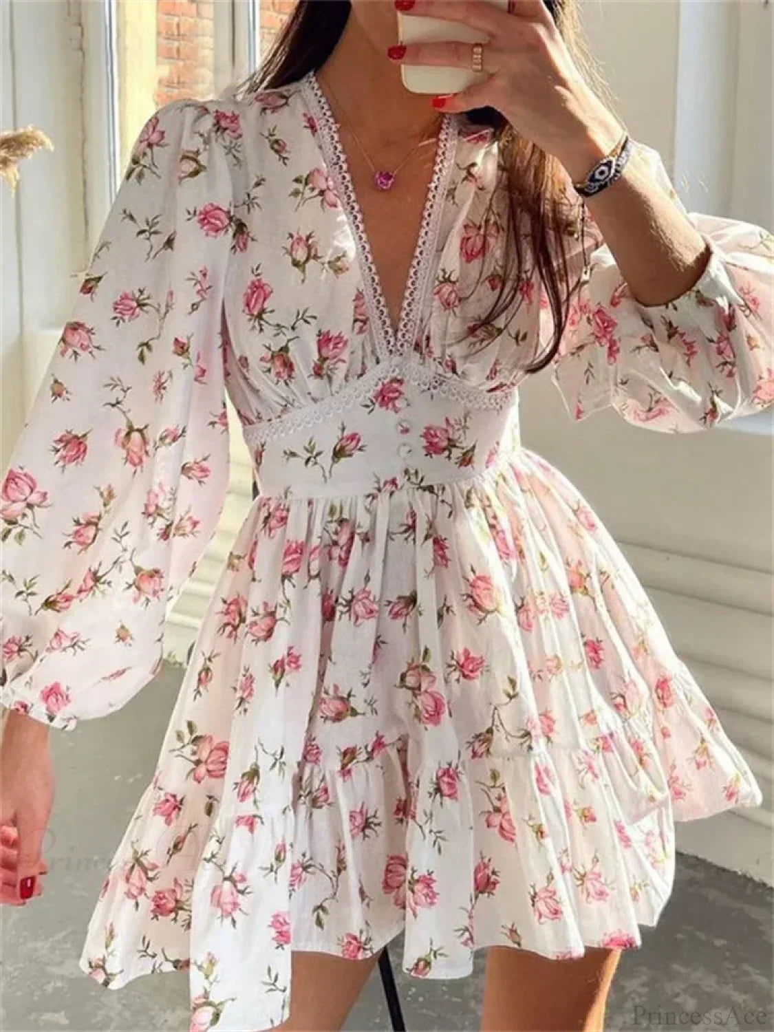 Lace Trim Deep V-Neck Puff Sleeve Button Waist Tiered Ruffle Floral Mini Dress