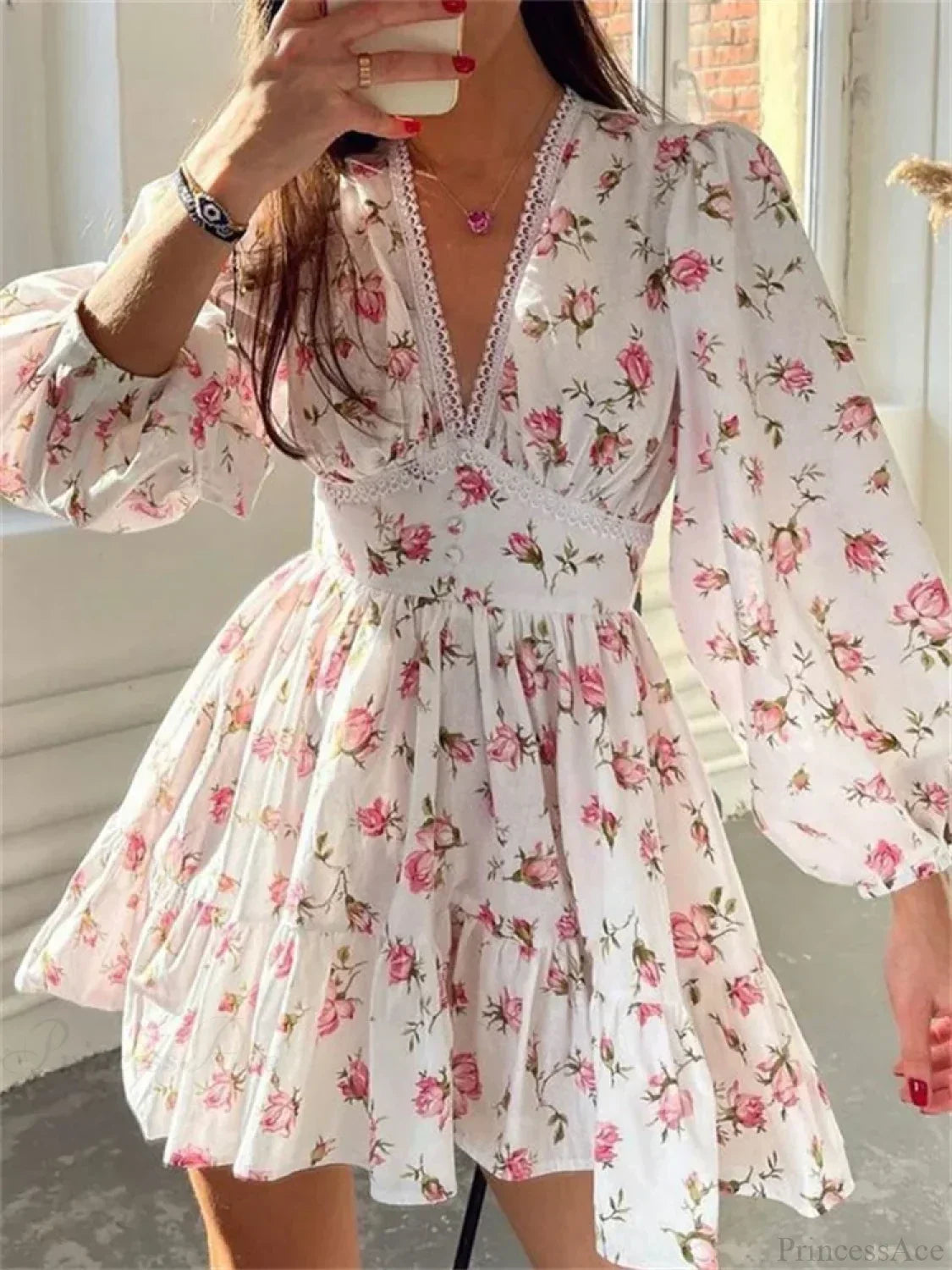 Lace Trim Deep V-Neck Puff Sleeve Button Waist Tiered Ruffle Floral Mini Dress