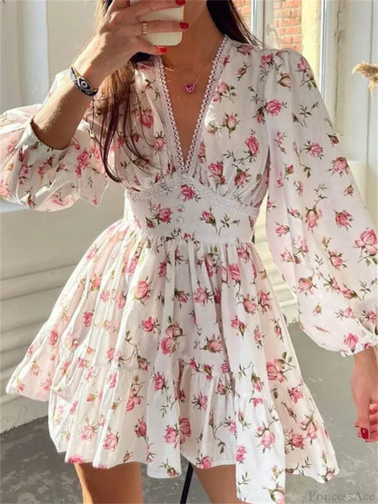 Lace Trim Deep V-Neck Puff Sleeve Button Waist Tiered Ruffle Floral Mini Dress