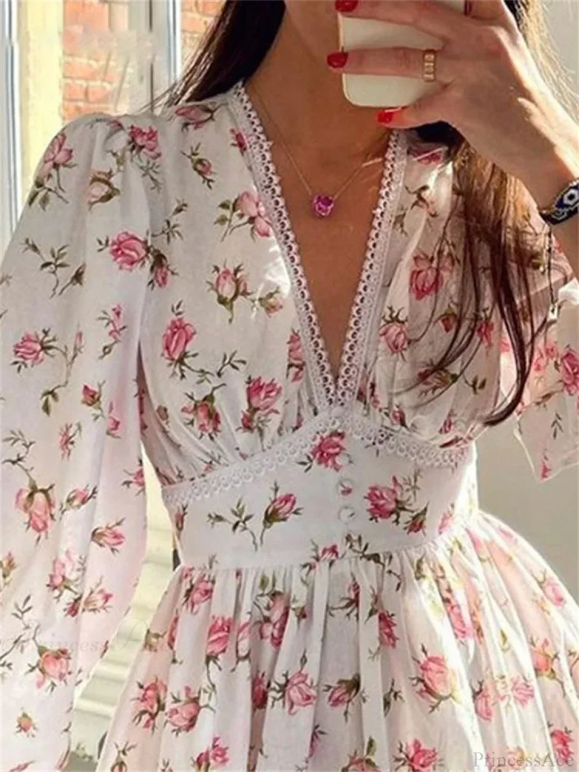 Lace Trim Deep V-Neck Puff Sleeve Button Waist Tiered Ruffle Floral Mini Dress