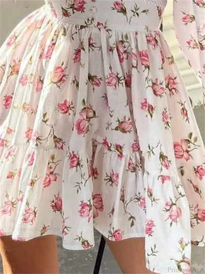 Lace Trim Deep V-Neck Puff Sleeve Button Waist Tiered Ruffle Floral Mini Dress