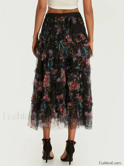 Floral Mesh Tiered Tulle Skirt