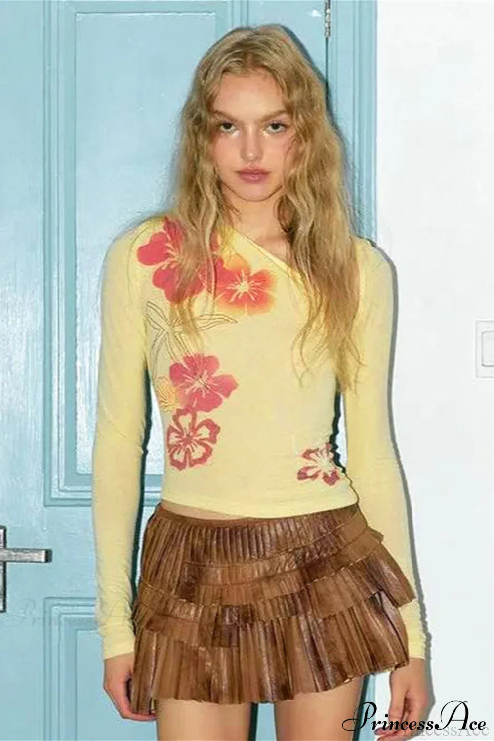 Floral Print Asymmetrical Neck Slim Long Sleeve Tee