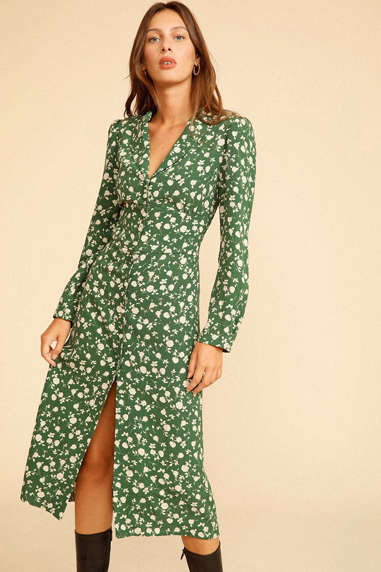 Floral Print Notched Collar Button-Front Side Slit Shirt Midi Dress