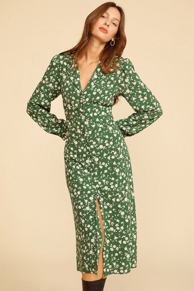 Floral Print Notched Collar Button-Front Side Slit Shirt Midi Dress