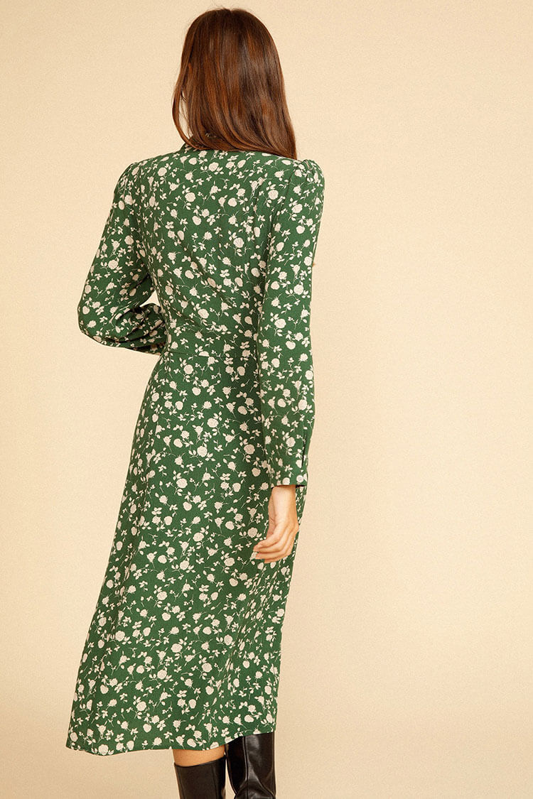 Floral Print Notched Collar Button-Front Side Slit Shirt Midi Dress