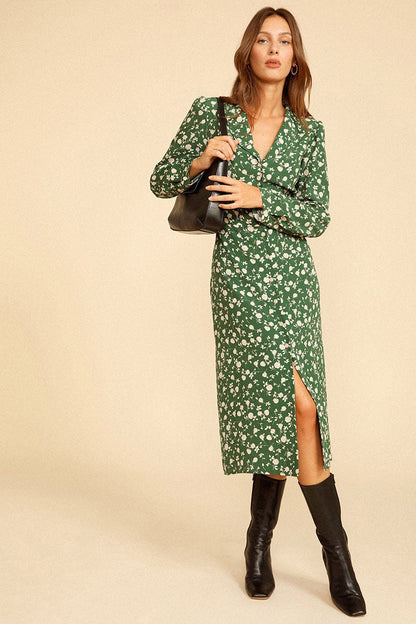 Floral Print Notched Collar Button-Front Side Slit Shirt Midi Dress