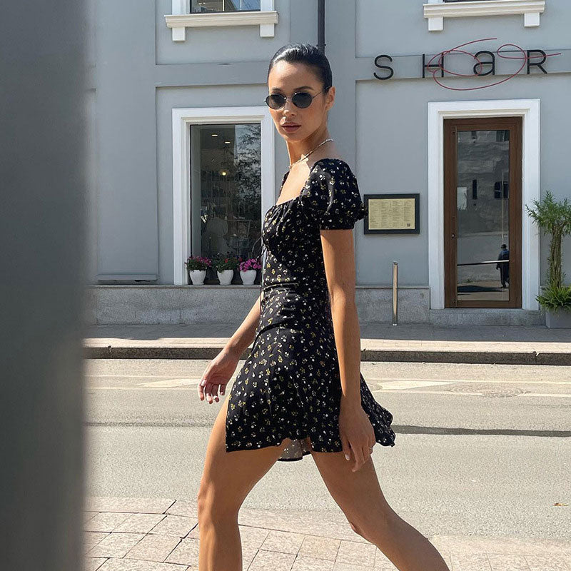 Ditsy Floral Puff Sleeve Tie Front Side Slit Mini Dress