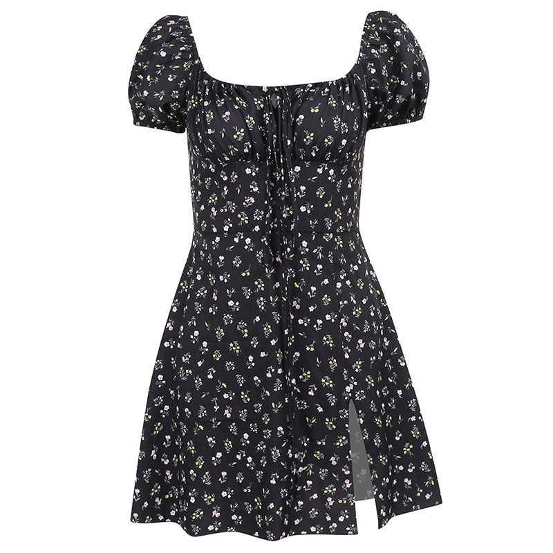 Ditsy Floral Puff Sleeve Tie Front Side Slit Mini Dress
