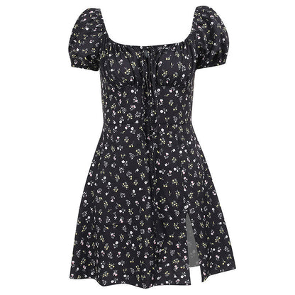 Ditsy Floral Puff Sleeve Tie Front Side Slit Mini Dress