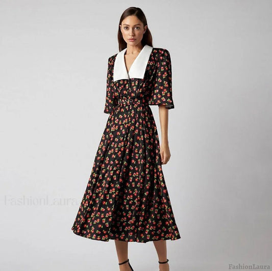 Floral Print Slit Tight Waist A line Dress Elegant Short Sleeve Doll Collar Dress